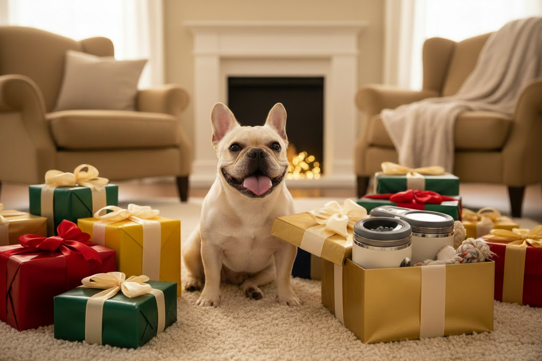 Enthousiaste Franse Bulldog omringd door cadeaus voor hondeneigenaars — Pawlio