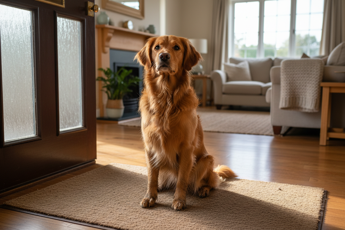 Hond met modderige poten aan de voordeur