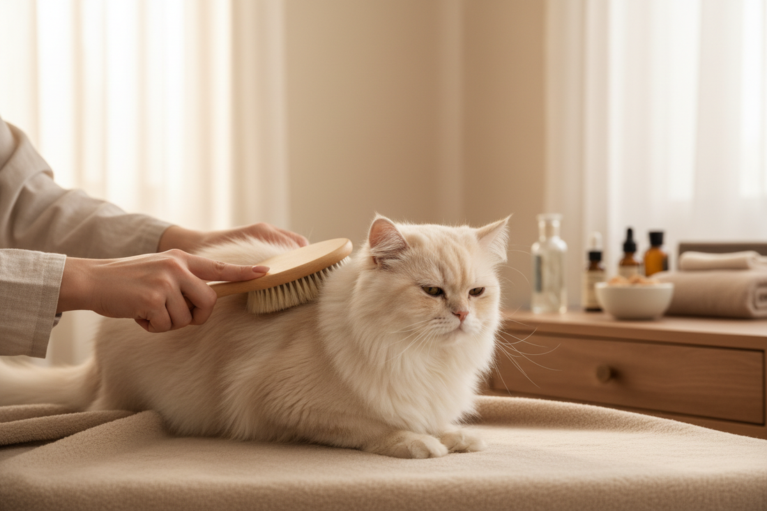 Kat wordt geborsteld met een zachte borstel — kattenverzorging tips van Pawlio
