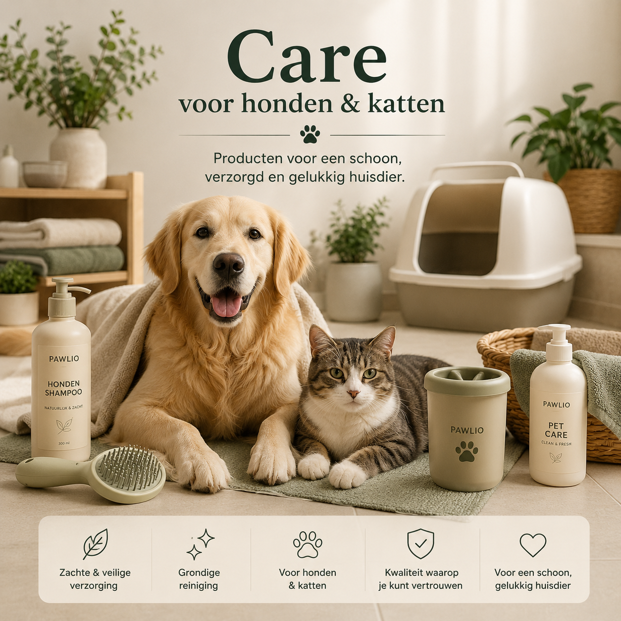 Pawlio Care voor honden en katten met producten voor verzorging en hygiëne