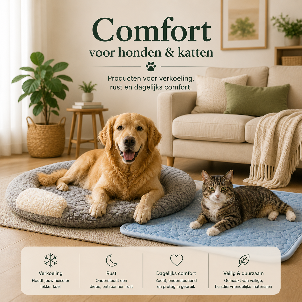 Hond en kat ontspannen op een Pawlio koelbed en koelmat – comfort voor honden en katten