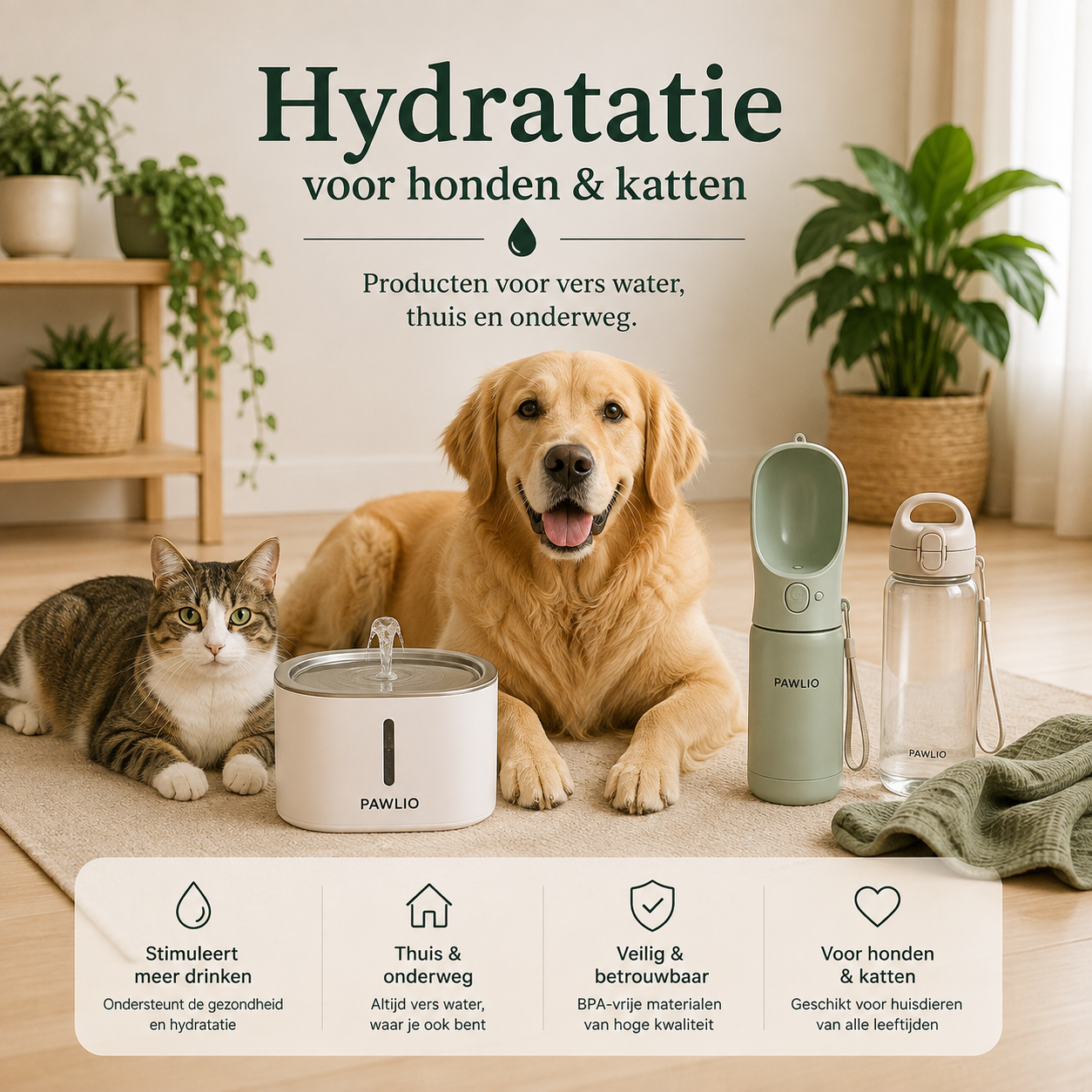 Pawlio Hydratatie voor honden en katten met drinkfontein en draagbare drinkflessen