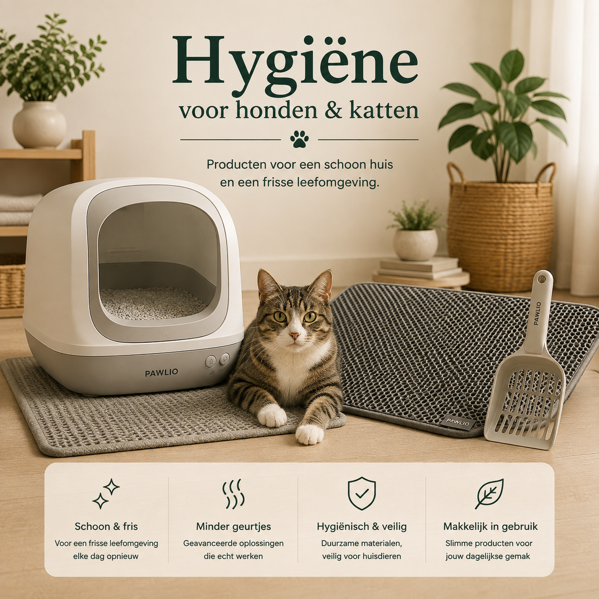 Pawlio Hygiëne voor honden en katten met automatische kattenbak, kattenbakmat en schep