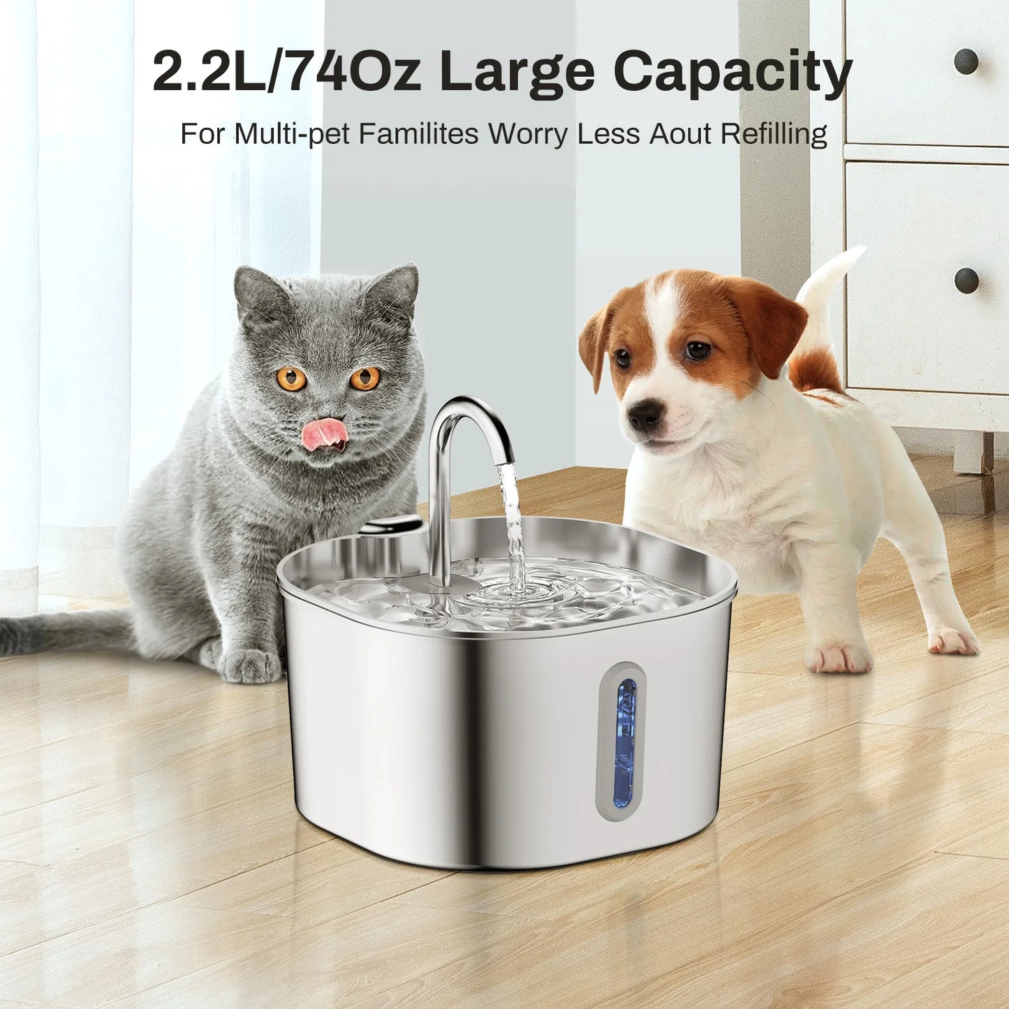 🐾 Automatische drinkfontein voor katten 2,2L – roestvrijstalen waterfontein met filter