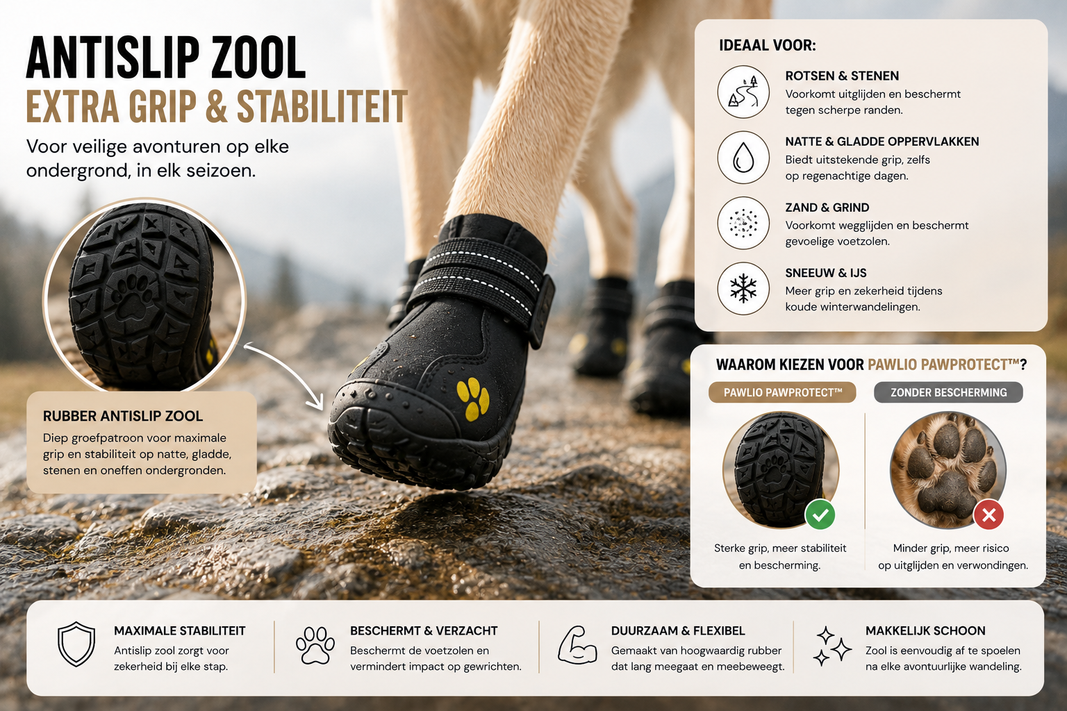 Pawlio PawProtect hondenschoenen met antislip rubberen zool zorgen voor extra grip, stabiliteit en bescherming op natte, gladde en ruwe ondergronden.