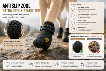 Pawlio PawProtect hondenschoenen met antislip rubberen zool zorgen voor extra grip, stabiliteit en bescherming op natte, gladde en ruwe ondergronden.