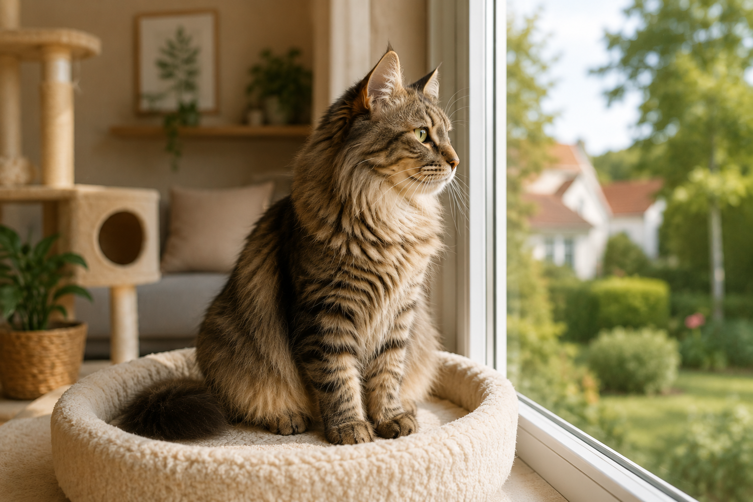 Nieuwsgierige kat die vanuit een krabpaal door het raam naar buiten kijkt in een warme, katvriendelijke woning.