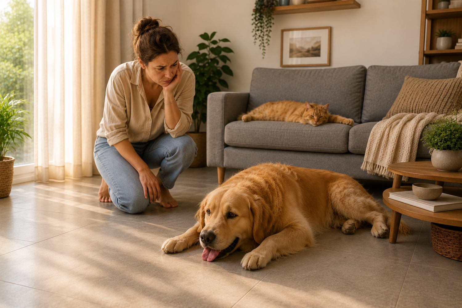 Bezorgd baasje ziet haar hond hijgen en verkoeling zoeken op de koele tegelvloer, terwijl haar kat een frisse plek op de bank zoekt tijdens een warme zomerdag.