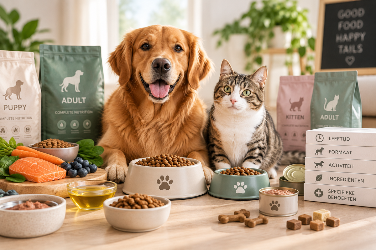 Hond en kat naast verschillende soorten voeding en voerbakken in een warme, huiselijke omgeving
