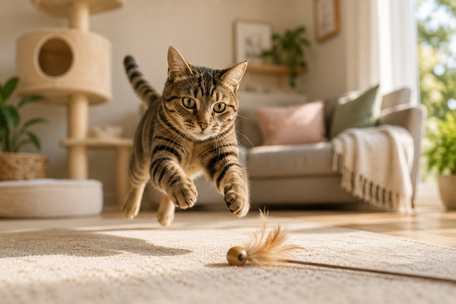 Spelende kat die achter een speeltje aan springt in een warme en katvriendelijke woonkamer.