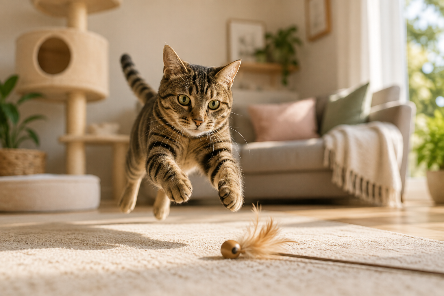 Spelende kat die achter een speeltje aan springt in een warme en katvriendelijke woonkamer.