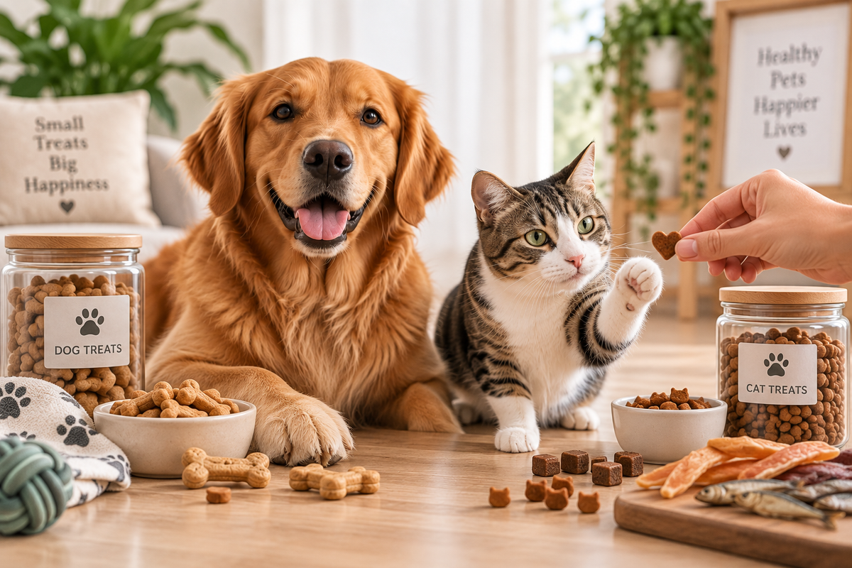 Hond en kat met verschillende gezonde snacks en beloningssnoepjes in een warme, huiselijke omgeving
