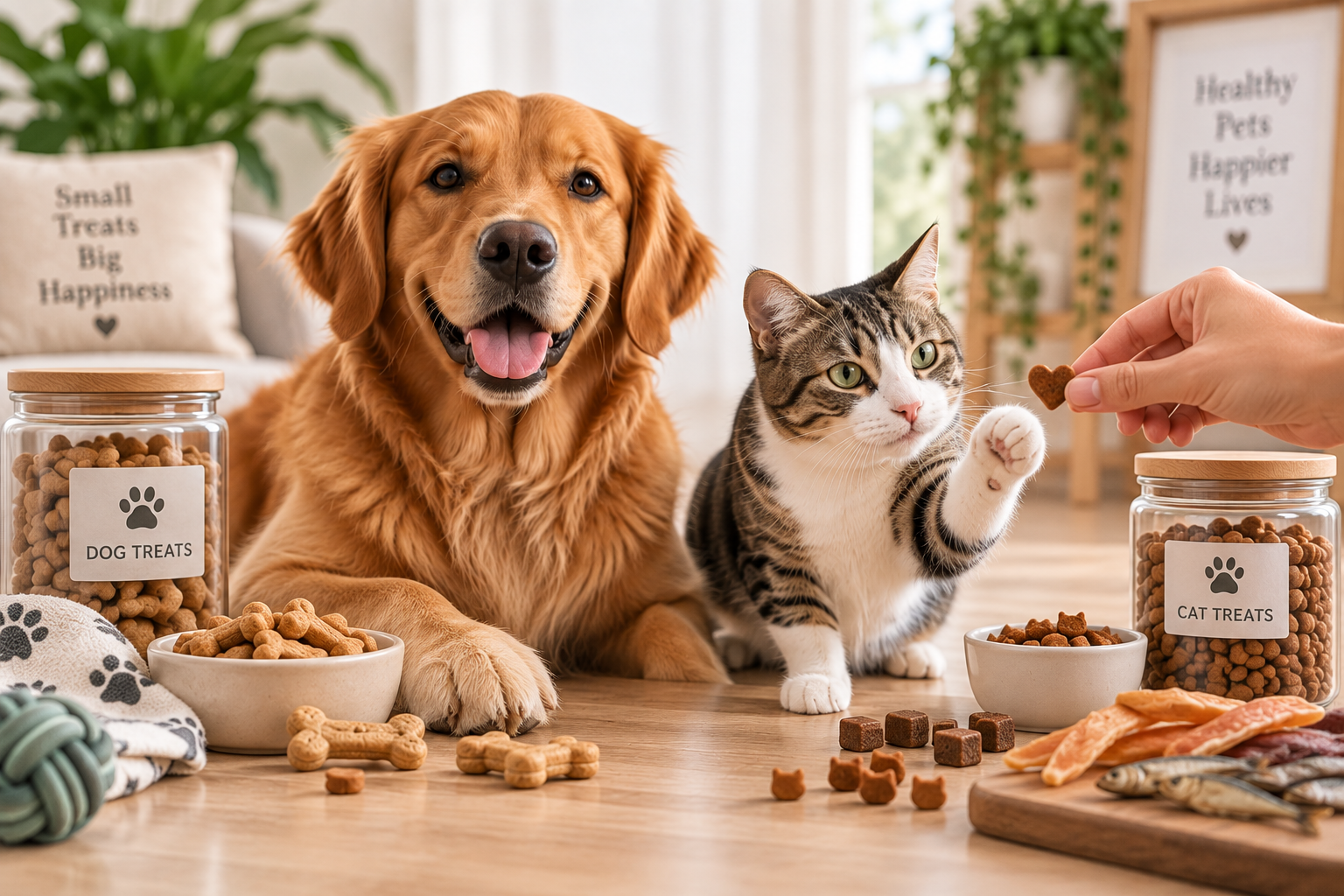 Hond en kat met verschillende gezonde snacks en beloningssnoepjes in een warme, huiselijke omgeving