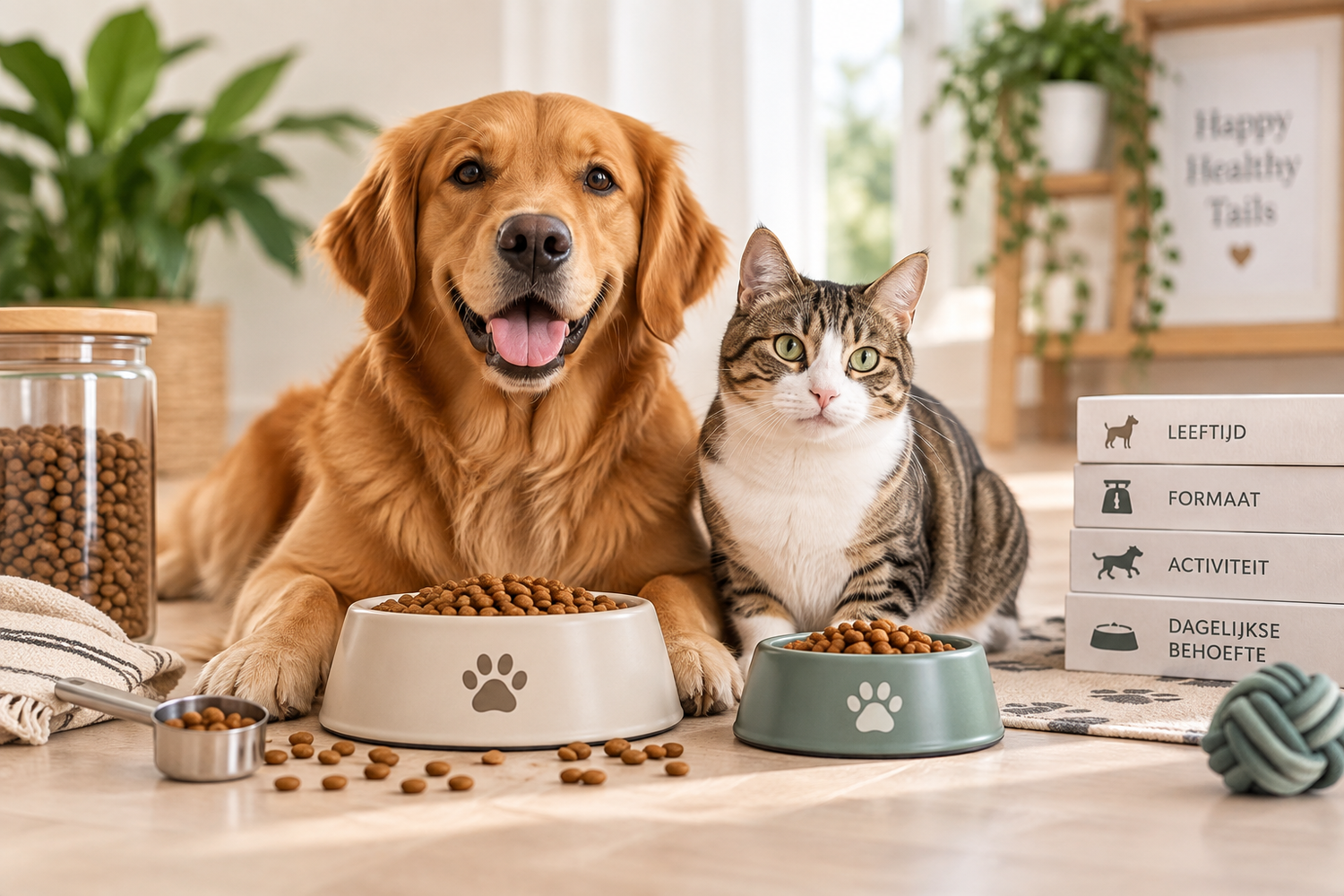 Hond en kat naast voerbakken met voeding en een maatbeker voor het bepalen van de juiste portiegrootte