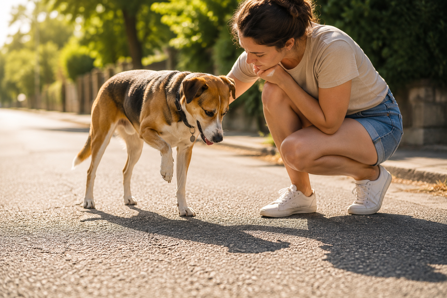 Bezorgd baasje controleert de poot van een hond op heet asfalt tijdens een warme zomerdag om verbrande voetzolen en oververhitting te voorkomen.