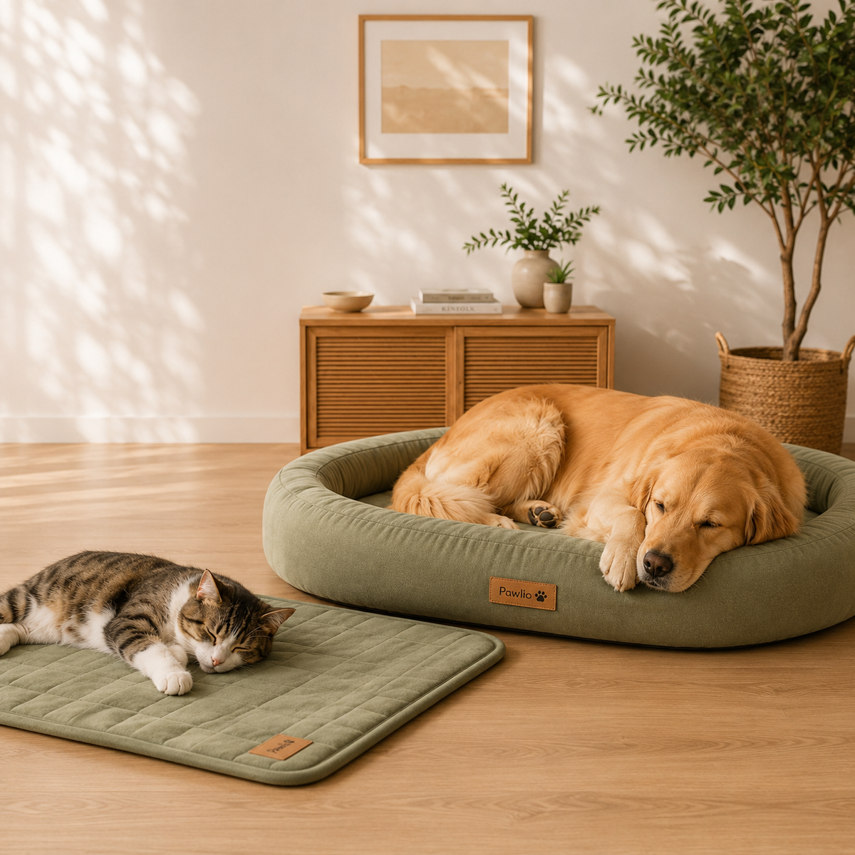 Pawlio koelbed en koelmat bieden een comfortabele en verkoelende rustplek voor een hond en kat tijdens warme zomerdagen.