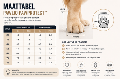 Maattabel van de Pawlio PawProtect hondenschoenen met uitleg hoe je de lengte en breedte van de hondenpoot correct opmeet voor de juiste maat.