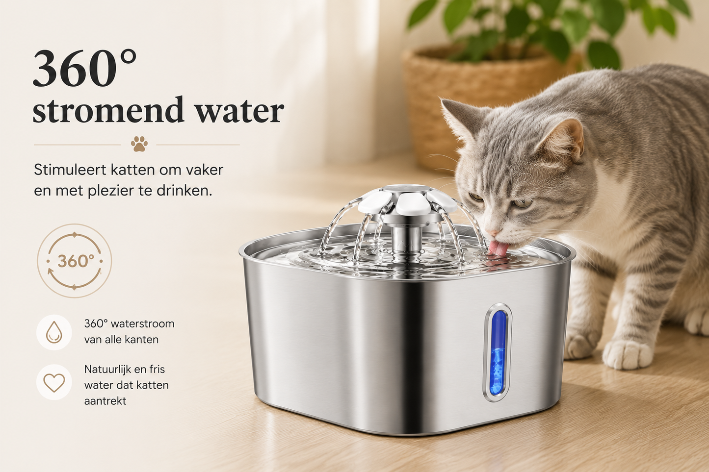 Pawlio 2,2L roestvrijstalen drinkfontein met 360° stromend water voor honden en katten.