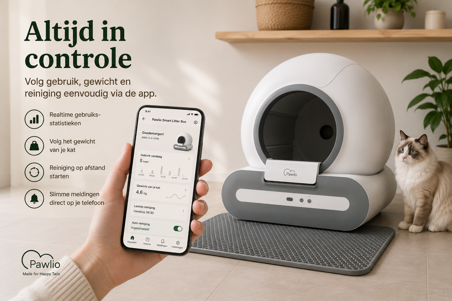 Pawlio slimme kattenbak met appbediening voor reiniging, meldingen en gebruiksstatistieken