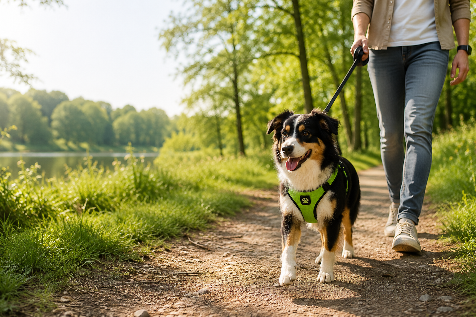 Australische Herder met groen Pawlio hondenharnas tijdens een wandeling in een natuurlijke omgeving