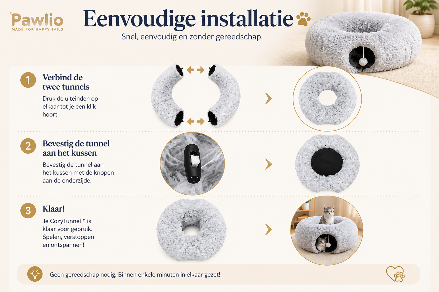 Pawlio CozyTunnel™ eenvoudige installatie van zachte kattentunnel en rustplek in drie stappen