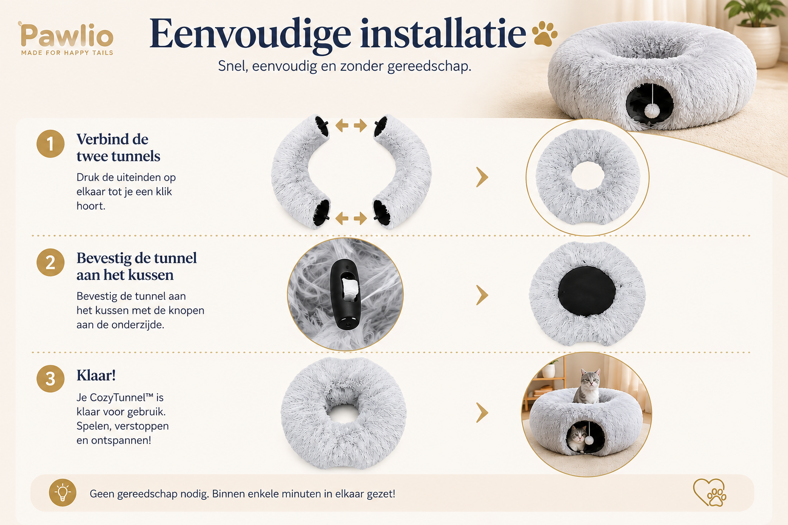 Pawlio CozyTunnel™ eenvoudige installatie van zachte kattentunnel en rustplek in drie stappen