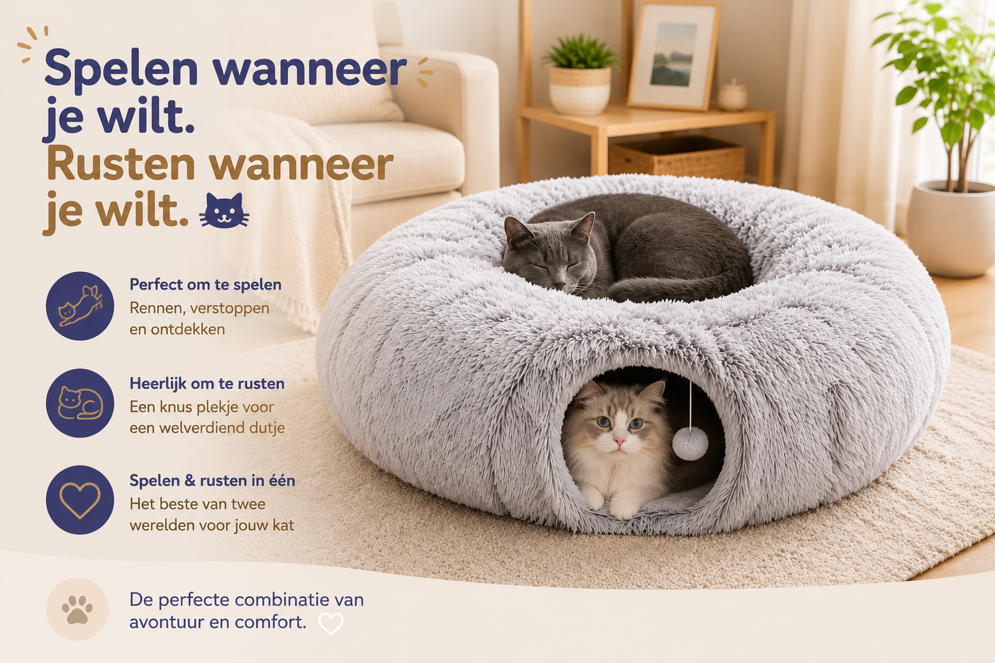 Pawlio CozyTunnel™ als comfortabele speel- en rustplek voor katten, met een slapende kat bovenop en een kat in de tunnel.