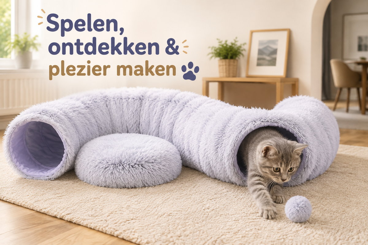 Pawlio CozyTunnel™ met speelse kat die uit de zachte kattentunnel kruipt