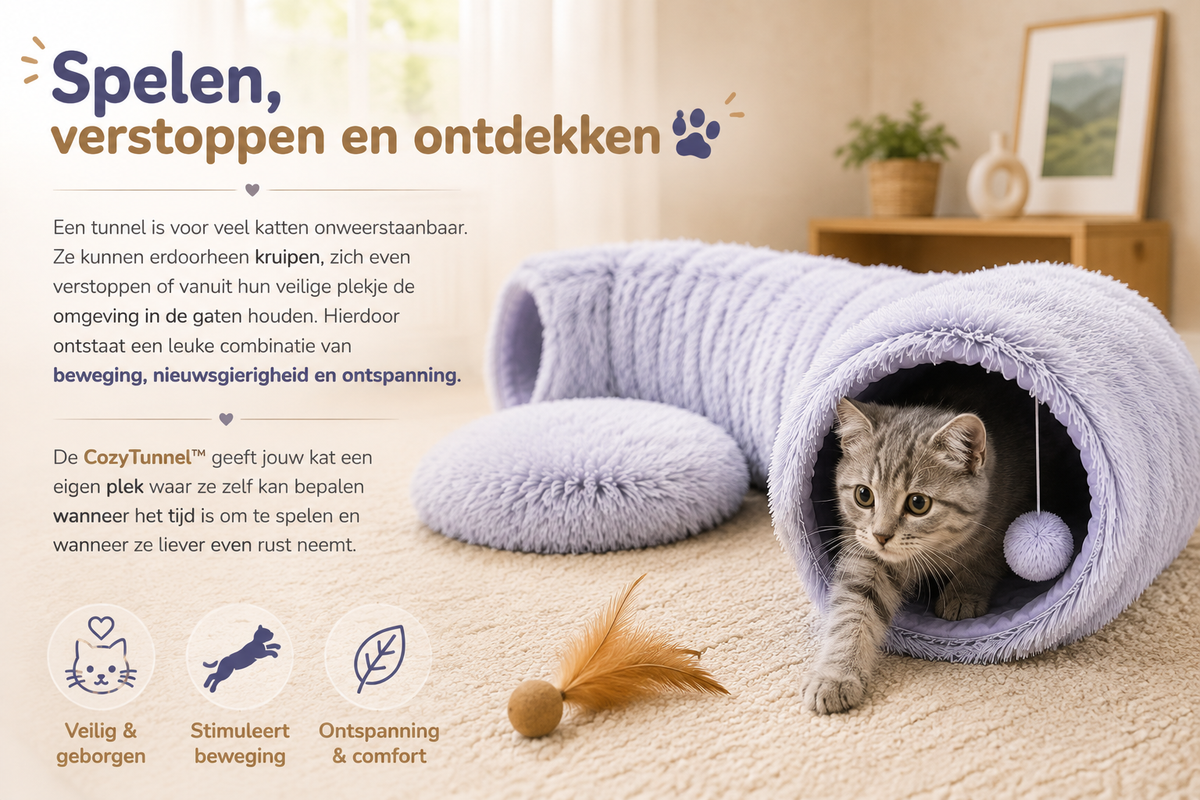 Pawlio CozyTunnel™ met kat die uit de zachte kattentunnel komt