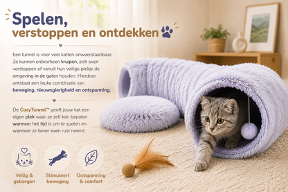 Pawlio CozyTunnel™ met kat die uit de zachte kattentunnel komt