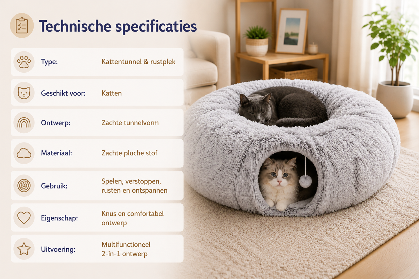 Pawlio CozyTunnel™ kattentunnel en rustplek met technische specificaties en twee katten