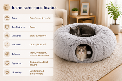 Pawlio CozyTunnel™ kattentunnel en rustplek met technische specificaties en twee katten