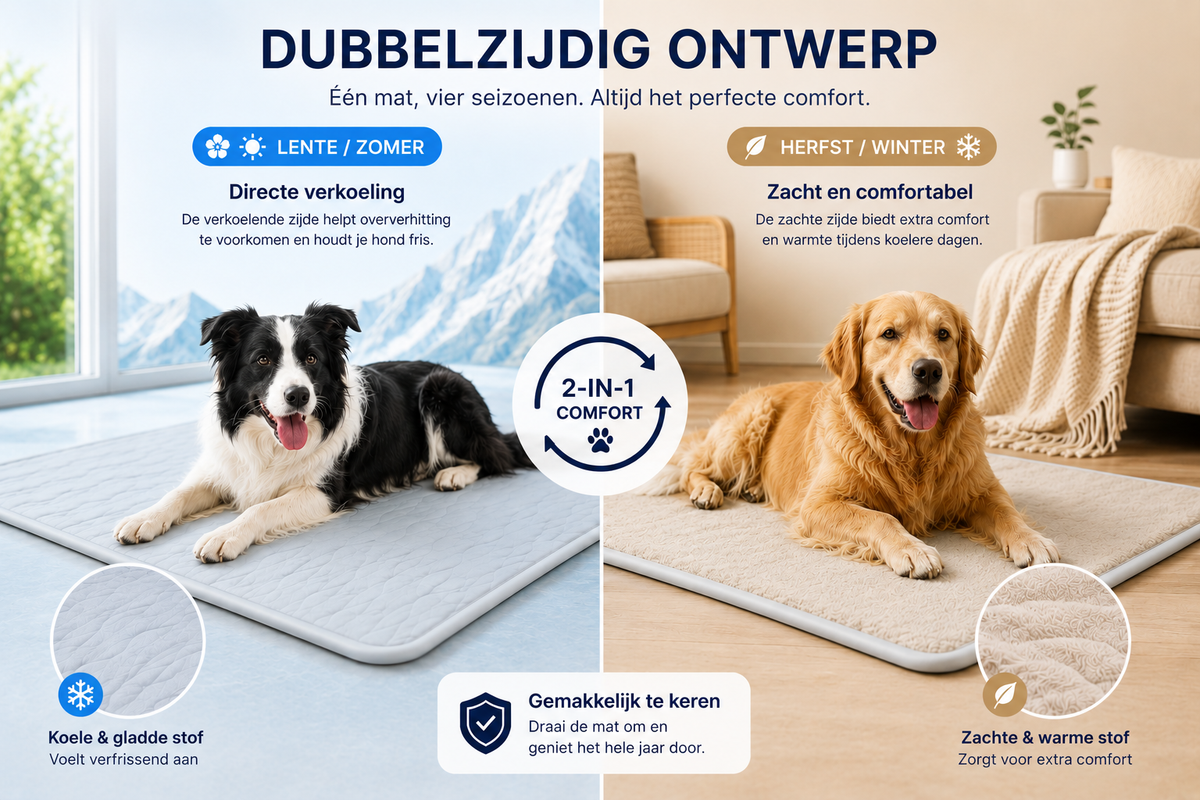 Dubbelzijdige Pawlio draagbare koelmat voor honden met verkoelende lente- en zomerzijde en zachte herfst- en winterzijde voor comfort tijdens alle vier de seizoenen.