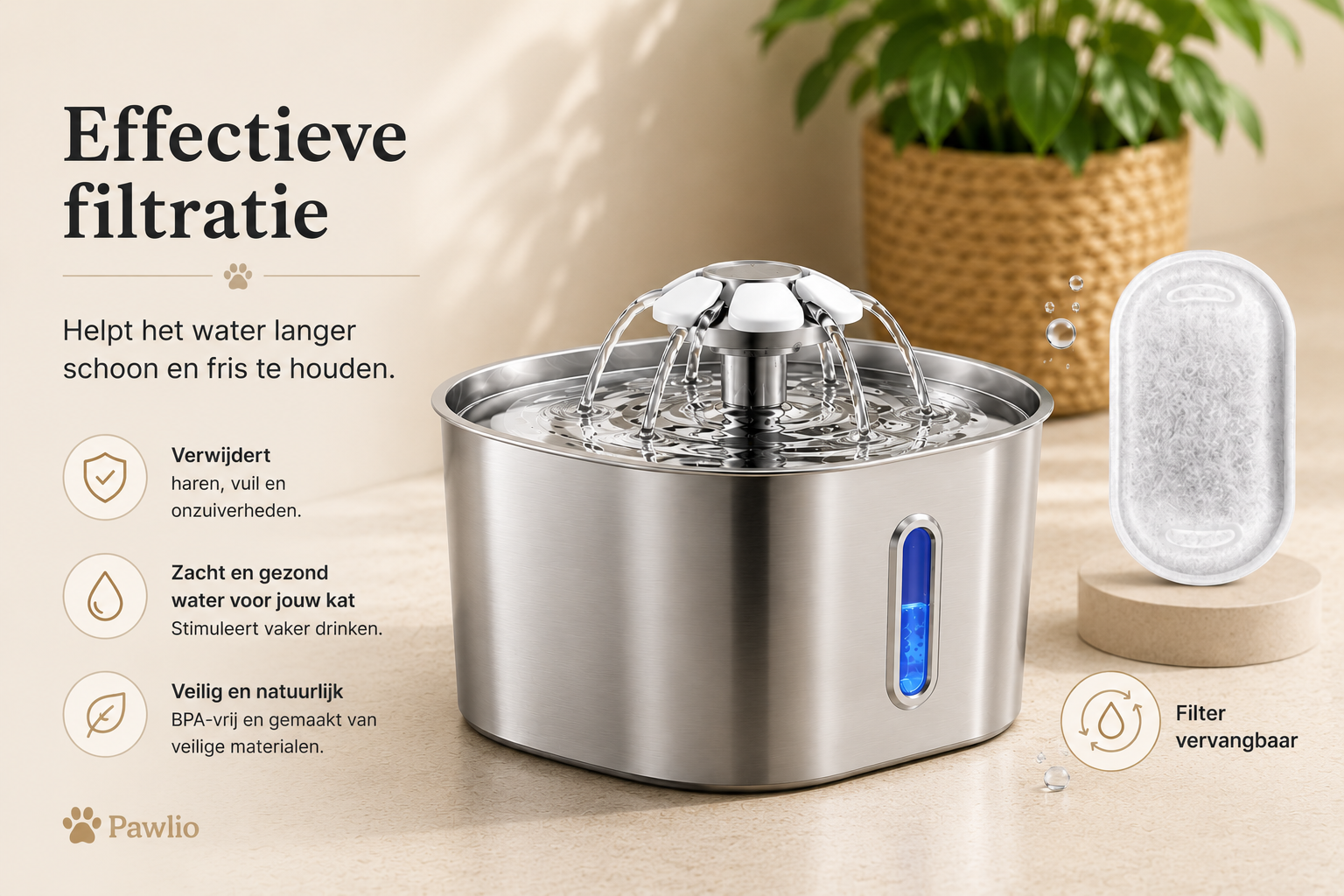 Pawlio 2,2L roestvrijstalen drinkfontein met vervangbare filter voor schoon en fris drinkwater.