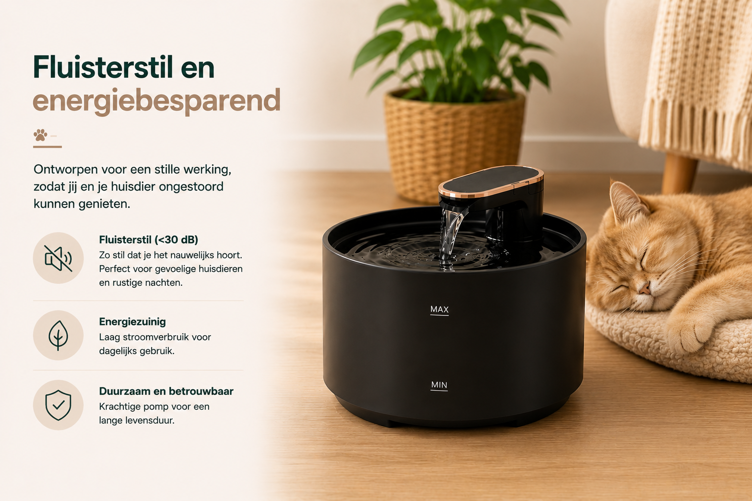 Fluisterstille Pawlio drinkfontein voor katten en honden met stille waterpomp
