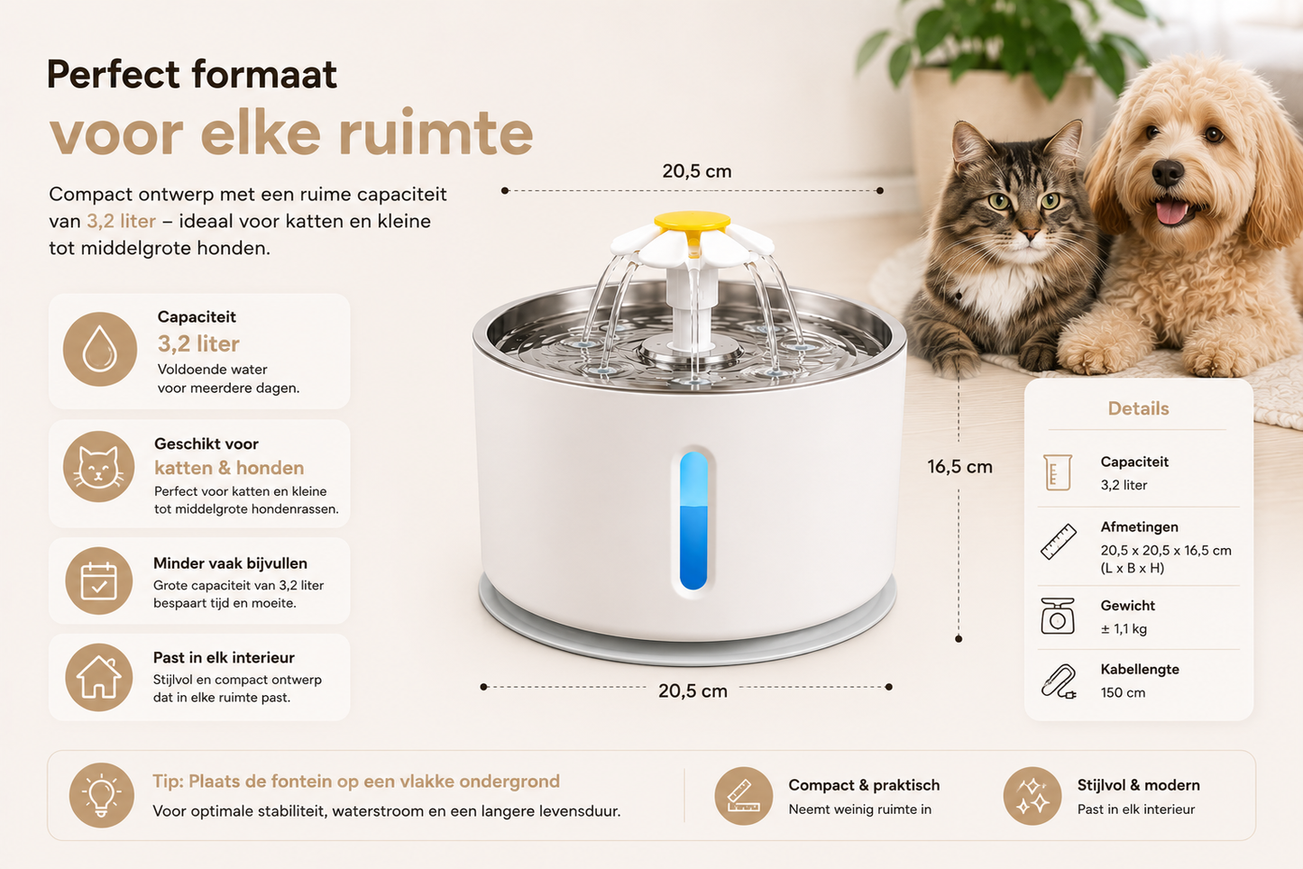 🐾 Pawlio RVS Drinkfontein 3,2L – Fluisterstil voor katten & honden