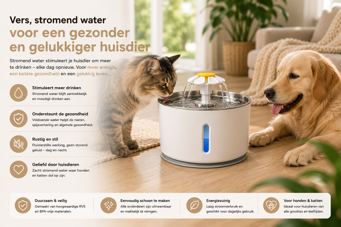 🐾 Pawlio RVS Drinkfontein 3,2L – Fluisterstil voor katten & honden