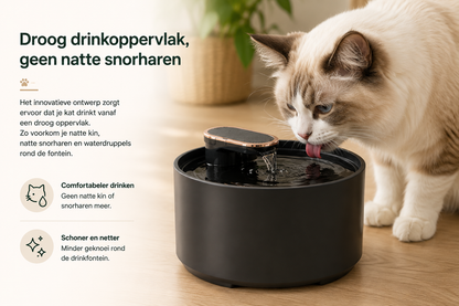 Pawlio drinkfontein met droog drinkoppervlak voorkomt natte snorharen en houdt de drinkzone schoon