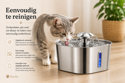 Pawlio 2,2L roestvrijstalen drinkfontein voor honden en katten met eenvoudig te reinigen ontwerp.