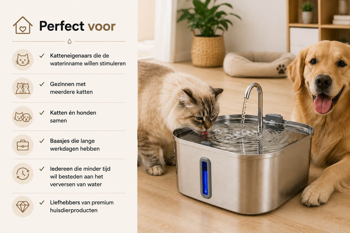 Pawlio FlowFountain 7L premium drinkfontein voor katten en honden, ideaal voor meerdere huisdieren, drukke baasjes en een optimale dagelijkse hydratatie.