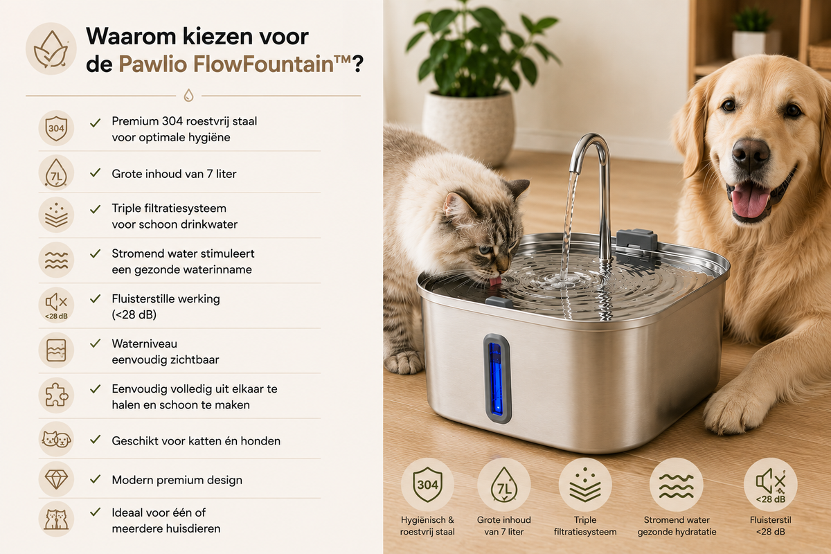 Pawlio FlowFountain 7L premium drinkfontein van 304 roestvrij staal met triple filtratiesysteem, fluisterstille werking en continu stromend water voor katten en honden.
