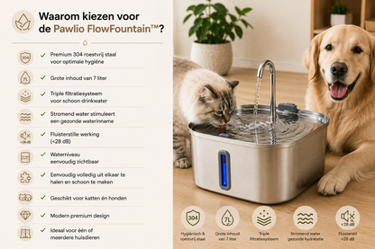 Pawlio FlowFountain 7L premium drinkfontein van 304 roestvrij staal met triple filtratiesysteem, fluisterstille werking en continu stromend water voor katten en honden.