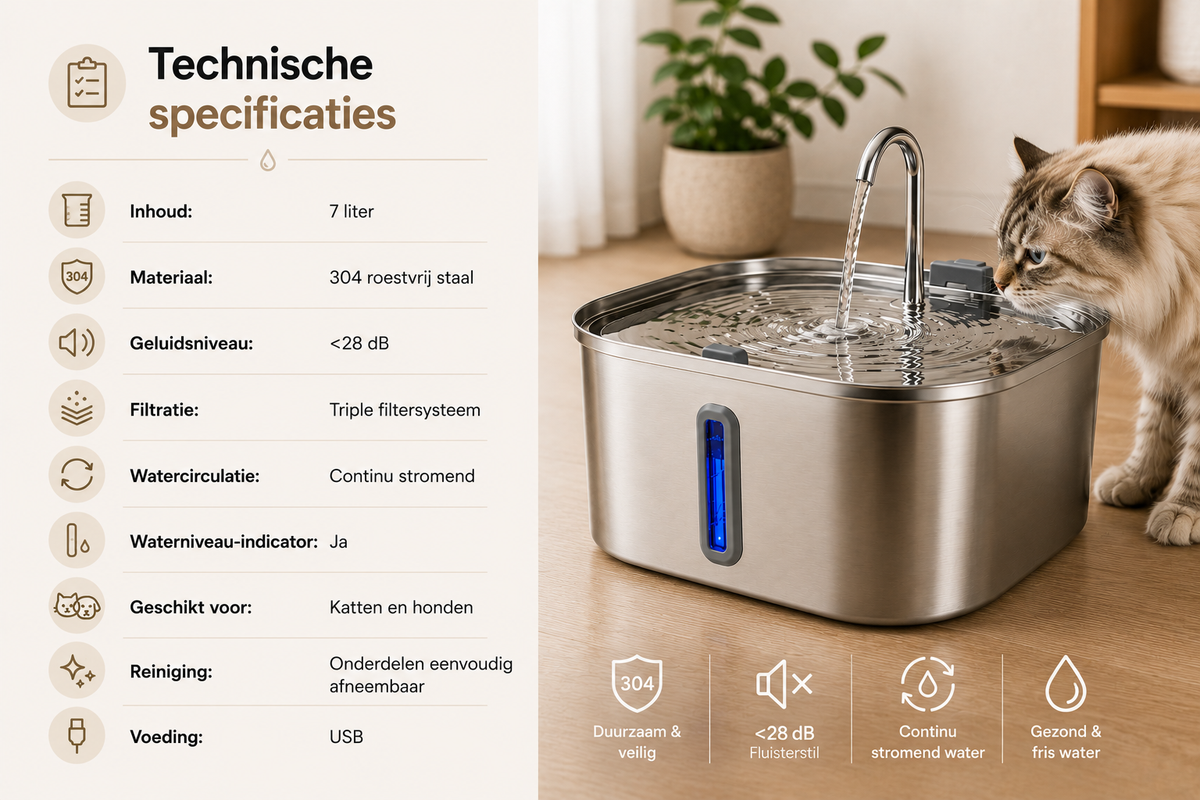 Technische specificaties van de Pawlio FlowFountain 7L drinkfontein met 304 roestvrij staal, triple filtratiesysteem, fluisterstille werking, continu stromend water en USB-voeding.