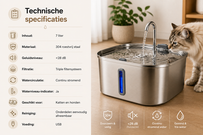 Technische specificaties van de Pawlio FlowFountain 7L drinkfontein met 304 roestvrij staal, triple filtratiesysteem, fluisterstille werking, continu stromend water en USB-voeding.