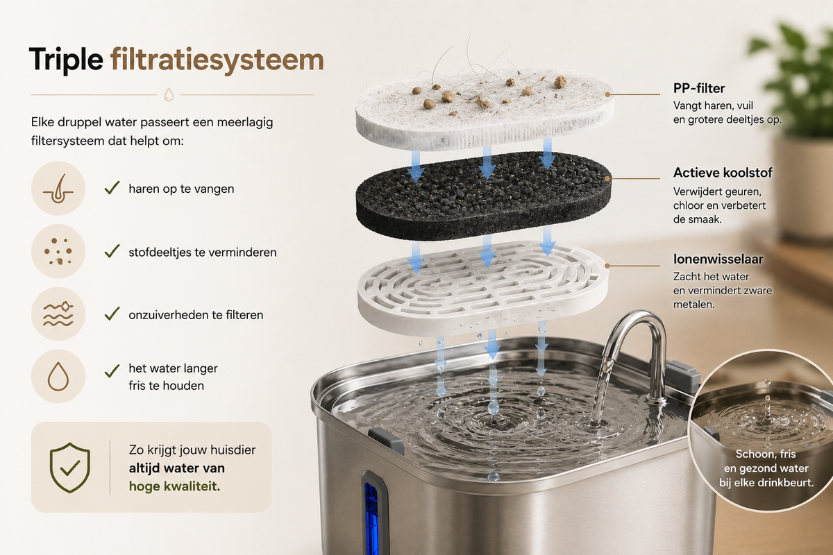 Pawlio FlowFountain met drievoudig filtratiesysteem dat haren, stof en onzuiverheden filtert voor schoon en fris drinkwater voor katten en honden.