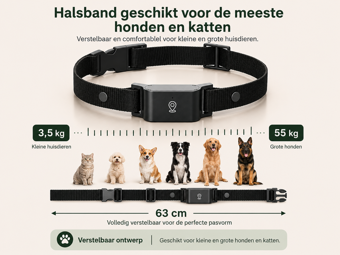 Verstelbare Pawlio GPS-halsband voor honden en katten geschikt voor huisdieren van ongeveer 3,5 tot 55 kg