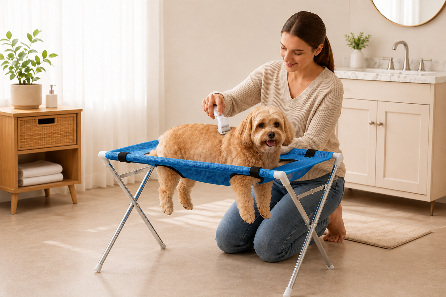 Pawlio GroomCare™ opvouwbare verzorgingstafel met hond tijdens het borstelen