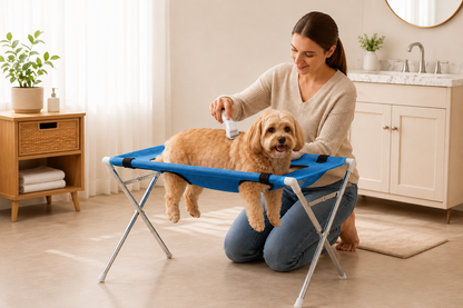 Pawlio GroomCare™ opvouwbare verzorgingstafel met hond tijdens het borstelen