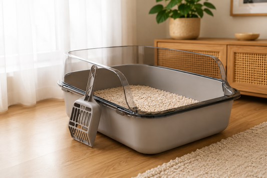 Pawlio halfgesloten kattenbak met hoge randen en kattenbakschep in een praktische berging