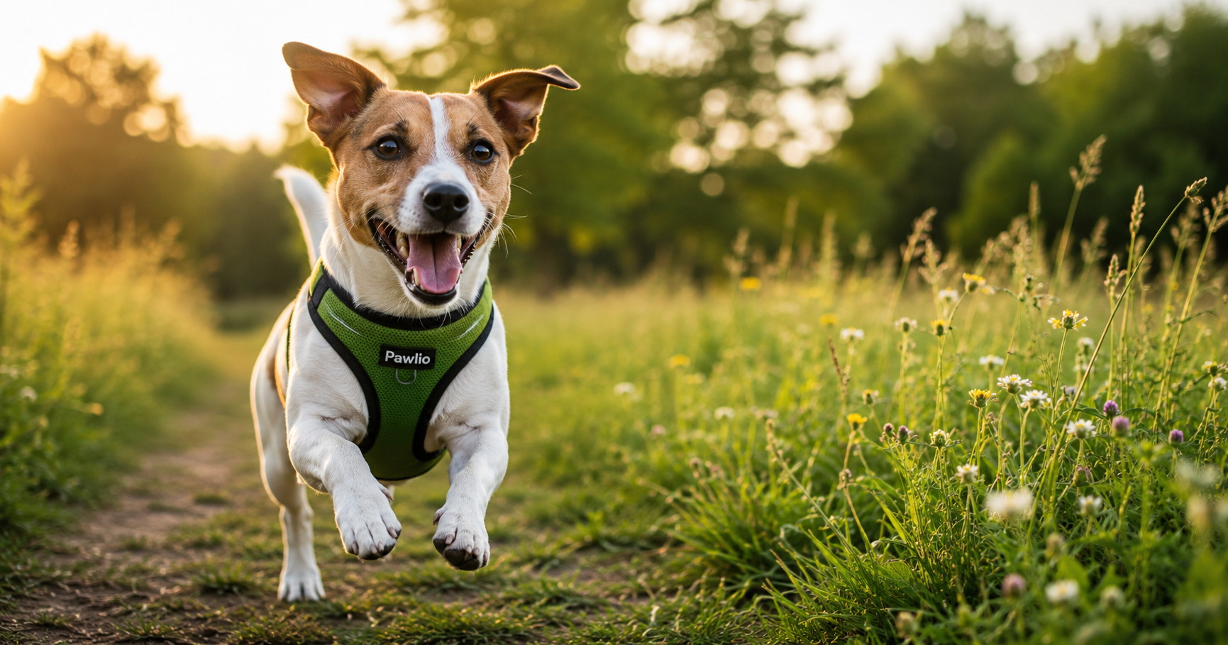 Jack Russell rent vrolijk met een groen Pawlio hondenharnas door een grasveld tijdens een actieve wandeling.